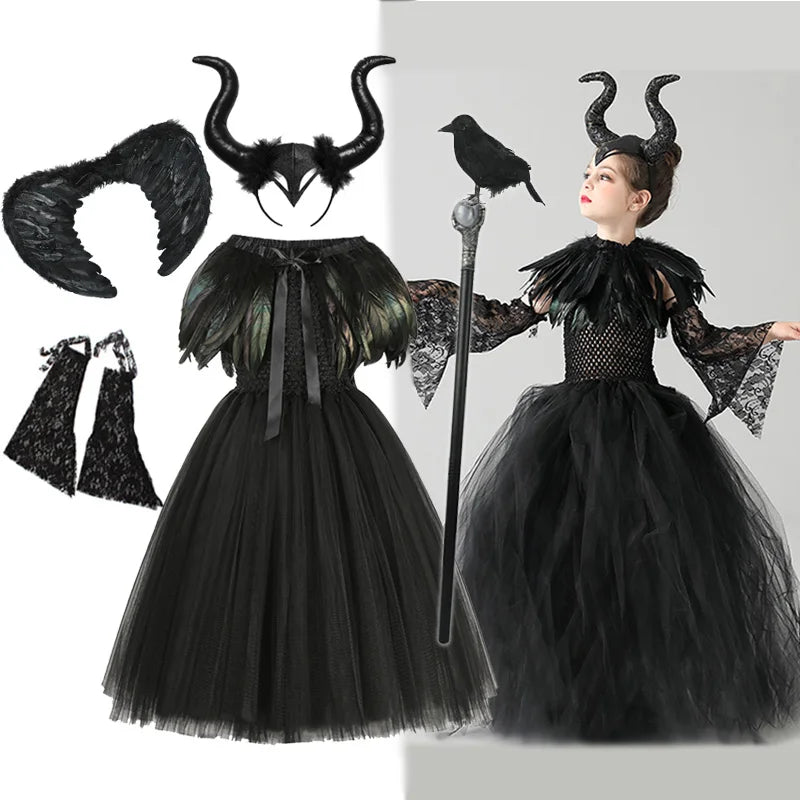 Halloween Maleficent Costume Girls Black Gothic Dark Witch Queen Tutu Dress With Feather Cape Wing Evil Queen Fairy Gown